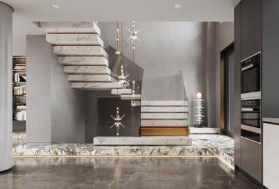 现代楼梯间 大理石玻璃扶手楼梯